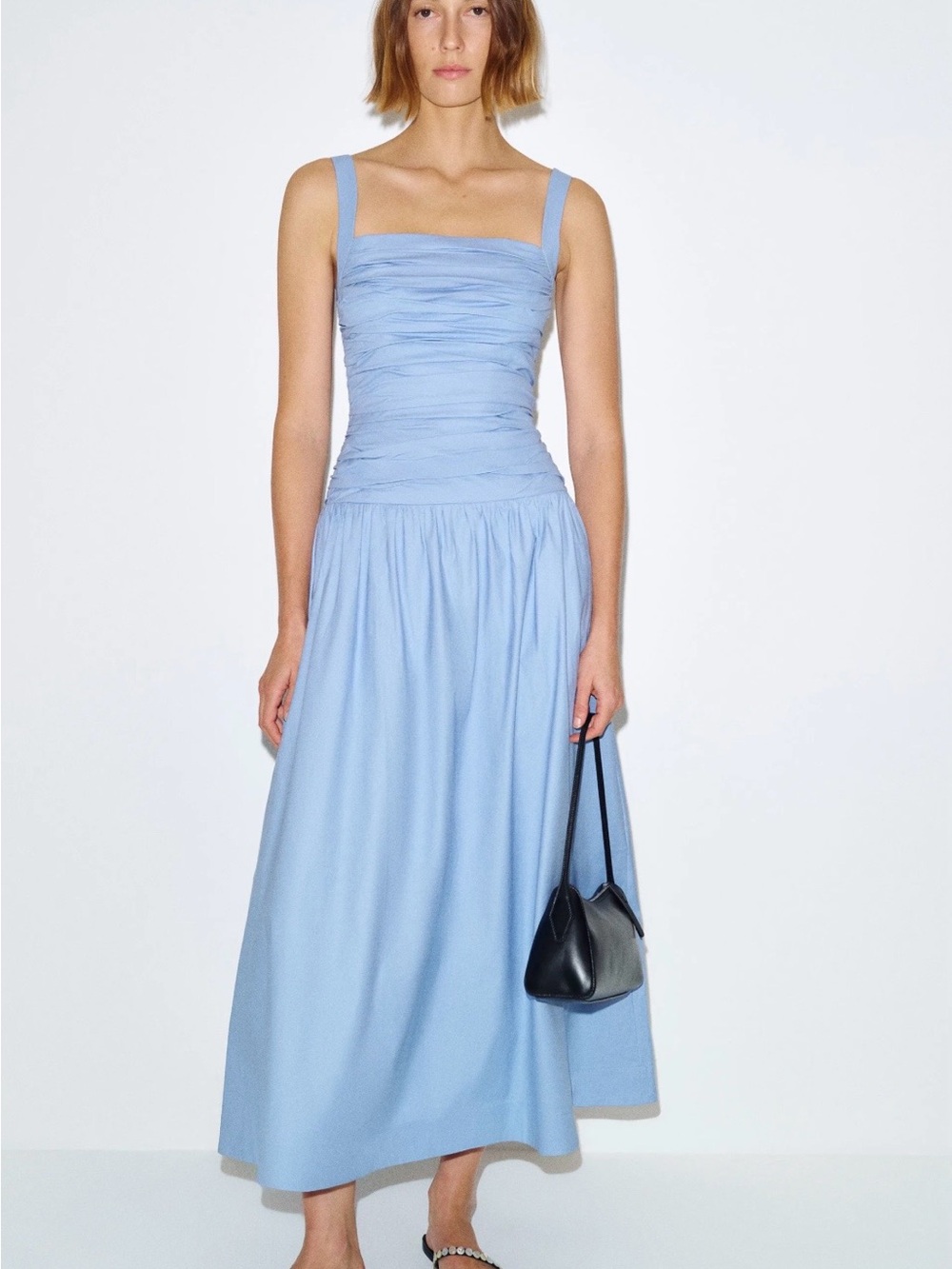Reformation Light Blue Ruched Bodice Midi Dress